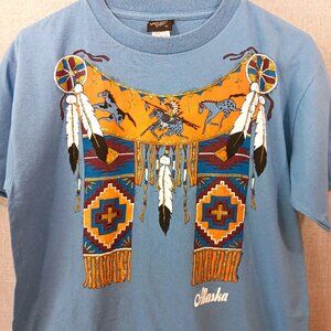 VTG 90s T-Shirt Diamond Dust Alaska Indian Tribal Glitter Southwest Art USA Blue